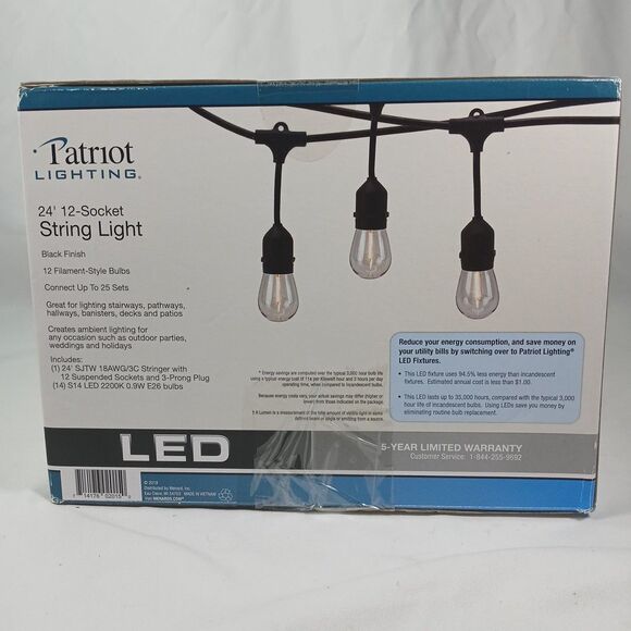 Patriot Lighting 24 Foot 12-Socket LED String Lights Patio / Deck Black Finish - Picture 2 of 5